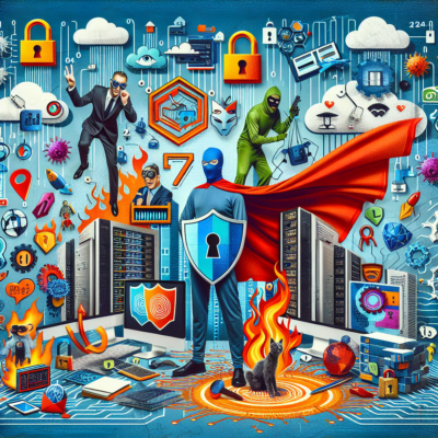 A collage of vibrant and dynamic cybersecurity-themed artwork featuring padlocks, shields, binary numbers, a person wearing a cape representing a firewall, a mischievous hacker with a balaclava, computers, servers, and a digital world.