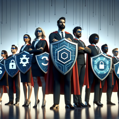 A diverse group of employees wearing superhero capes and holding shields with the organization's symbol, representing cybersecurity defenders.