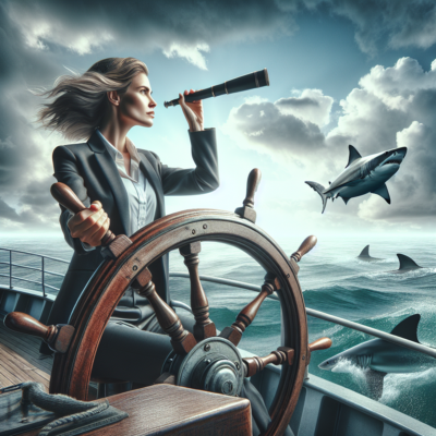 A female ship captain confidently steers the wheel of a large ship in the middle of the ocean, holding a telescope and gazing into the horizon with determination and focus. Ominous shadows of sharks can be seen swimming beneath the calm sea.