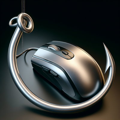 A computer mouse being baited on a fishing hook.