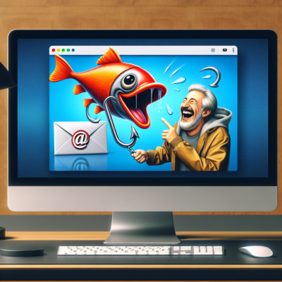 A computer monitor on a modern desk, displaying a humorous meme about cybersecurity and phishing. A large, cartoony fish hook emerges from an email envelope symbolizing email phishing, while a caricature of a computer user laughs heartily and points at the hook, indicating awareness of the threat.