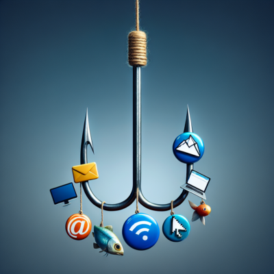 A fishing hook with online-related symbols hanging from it, representing the adaptability and deception of phishing attacks.