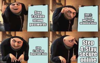 The Gru's Plan meme containing the text "Step 1: Create strong passwords", "Step 2: Enable two-factor authentication", "Step 3: Backup important data", and "Step 4: Stay secure online"