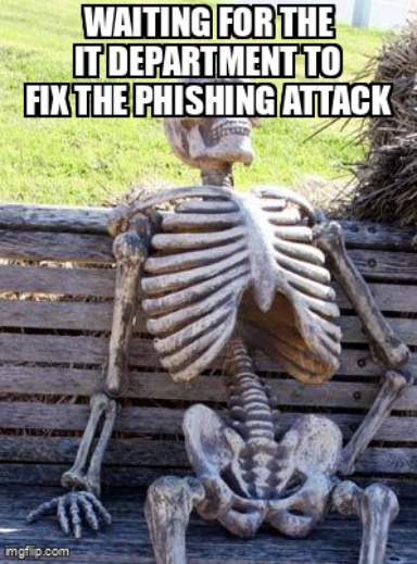 The Waiting Skeleton meme containing the text "Waiting for the IT department to fix the phishing attack"