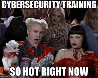 The Mugatu So Hot Right Now meme containing the text "Cybersecurity training", and "So hot right now"