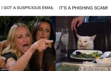 The Woman Yelling At Cat meme containing the text "I got a suspicious email", and "It’s a phishing scam!"