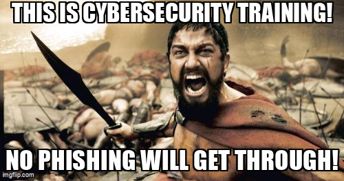 The Sparta Leonidas meme containing the text "This is cybersecurity training!", and "No phishing will get through!"