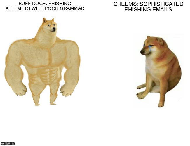 The Buff Doge vs. Cheems meme containing the text "Buff Doge: Phishing attempts with poor grammar", and "Cheems: Sophisticated phishing emails"