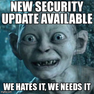 The Gollum meme containing the text "New security update available", and "We hates it, we needs it"