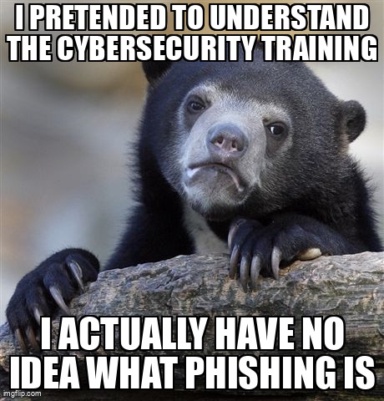 The Confession Bear meme containing the text "I pretended to understand the cybersecurity training", and "I actually have no idea what phishing is"