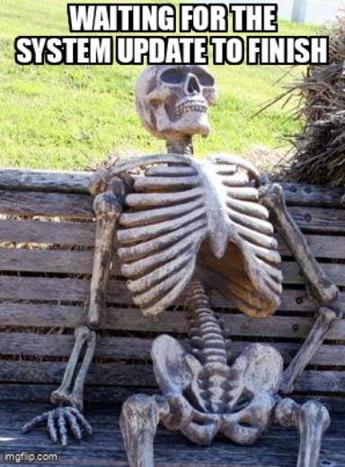 The Waiting Skeleton meme containing the text "Waiting for the system update to finish"