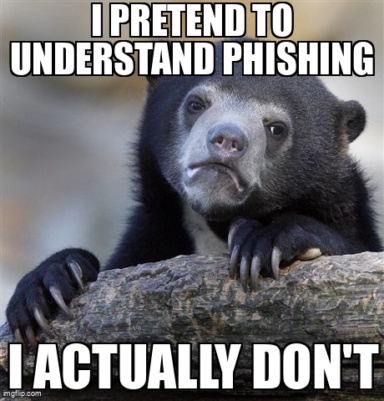 The Confession Bear meme containing the text "I pretend to understand phishing", and "I actually don't"