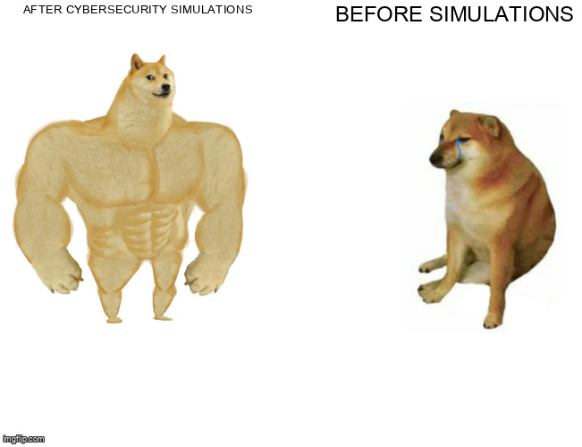 The Buff Doge vs. Cheems meme containing the text "After cybersecurity simulations", and "Before simulations"