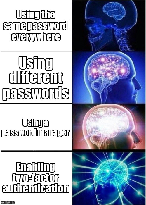 The Expanding Brain meme containing the text "Using the same password everywhere", "Using different passwords", "Using a password manager", and "Enabling two-factor authentication"