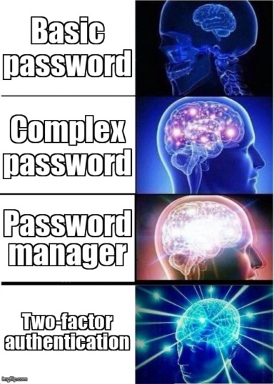 The Expanding Brain meme containing the text "Basic password", "Complex password", "Password manager", and "Two-factor authentication"