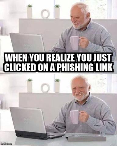 The Hide the Pain Harold meme containing the text "When you realize you just clicked on a phishing link"