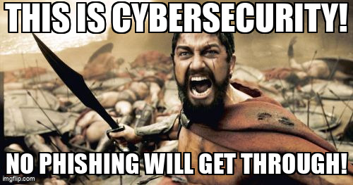 The Sparta Leonidas meme containing the text "This is cybersecurity!", and "No phishing will get through!"